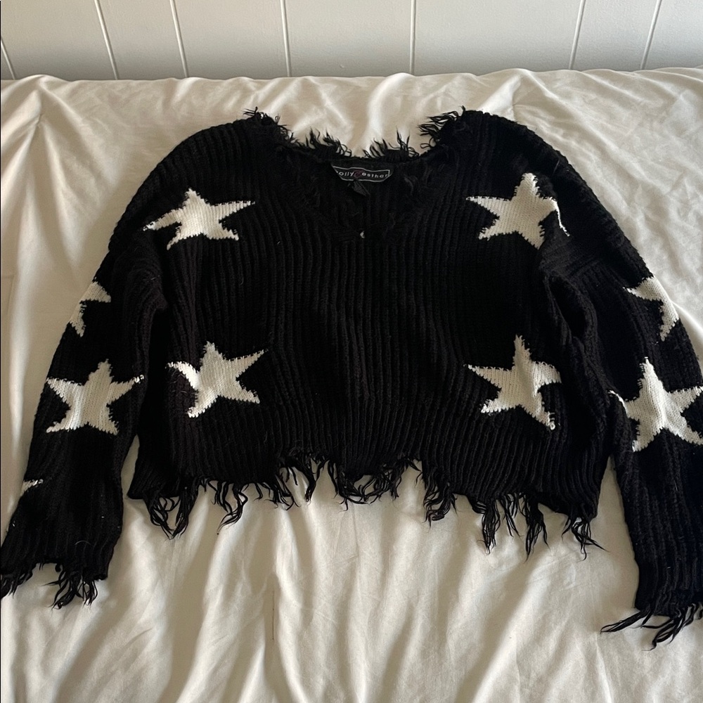 Polly & Esther Black and White Star V-Neck Sweater
